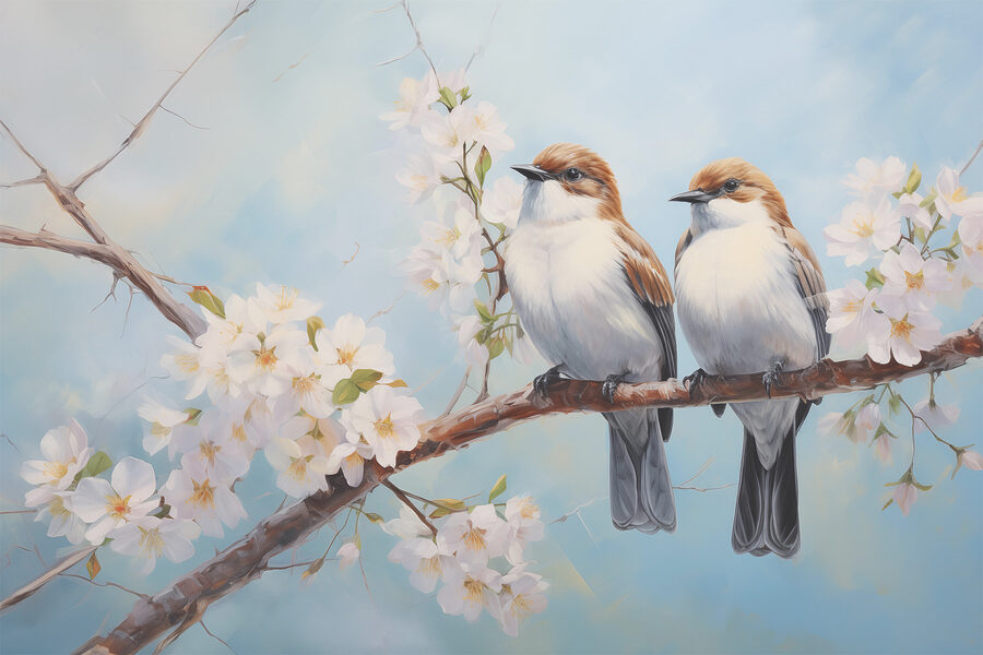 Zwei Vögel auf einem Zweig mit weißen Blumen