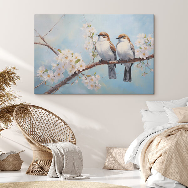Zwei Vögel auf einem Zweig mit weißen Blumen Zwei Vögel auf einem Zweig mit weißen Blumen