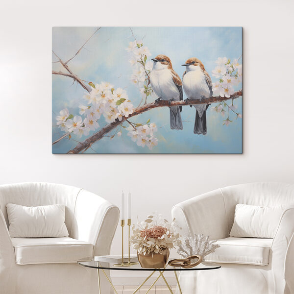 Zwei Vögel auf einem Zweig mit weißen Blumen Zwei Vögel auf einem Zweig mit weißen Blumen
