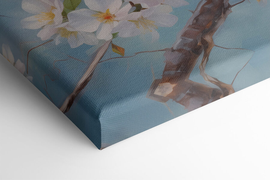 Zwei Vögel auf einem Zweig mit weißen Blumen