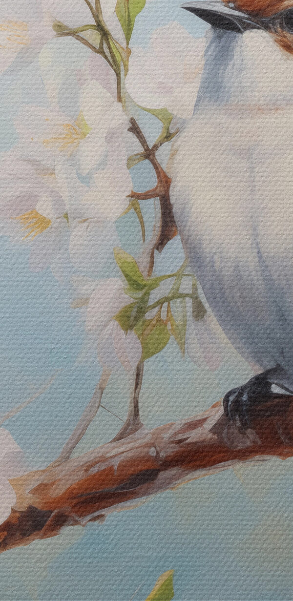Zwei Vögel auf einem Zweig mit weißen Blumen Zwei Vögel auf einem Zweig mit weißen Blumen