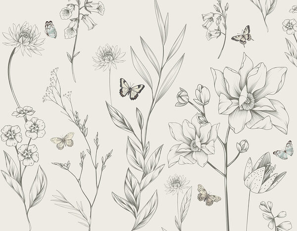 Tapete mit Blumen und Schmetterlingen Tapete mit Blumen und Schmetterlingen