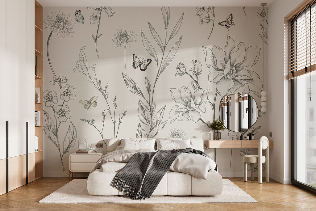 Wallpaper with flowers and butterflies