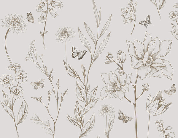 Tapete mit Blumen und Schmetterlingen Tapete mit Blumen und Schmetterlingen