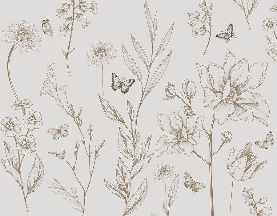 Tapete mit Blumen und Schmetterlingen