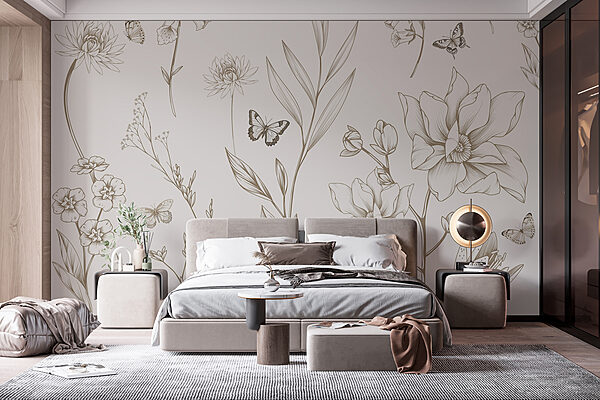 Tapete mit Blumen und Schmetterlingen Tapete mit Blumen und Schmetterlingen