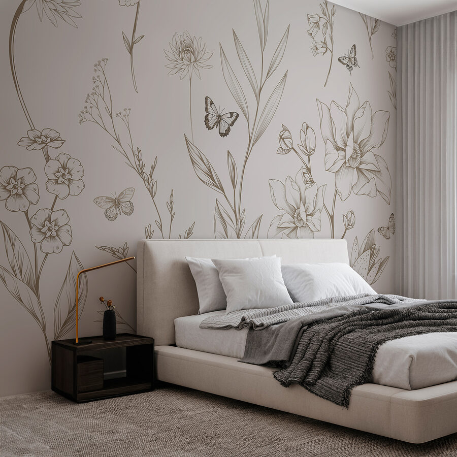 Tapete mit Blumen und Schmetterlingen