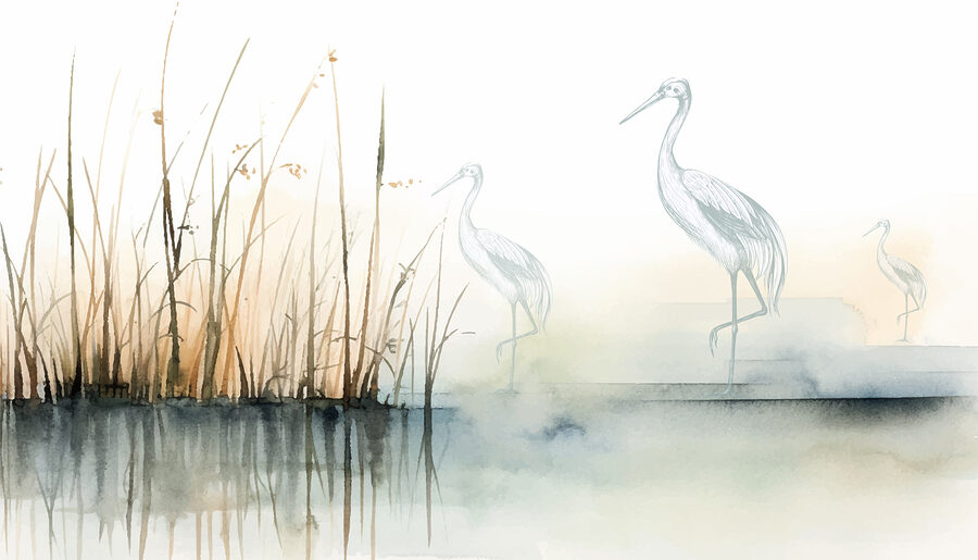 Zeichnung von auf dem Wasser stehenden Vögeln