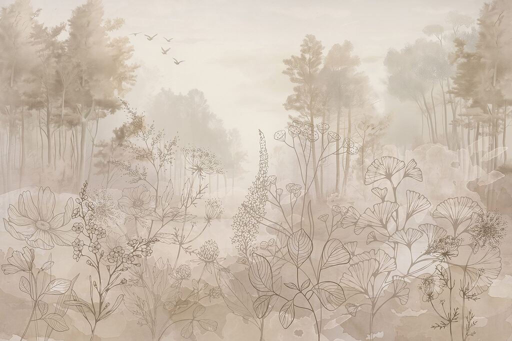 Neblige Landschaft mit Bäumen und Pflanzen Neblige Landschaft mit Bäumen und Pflanzen