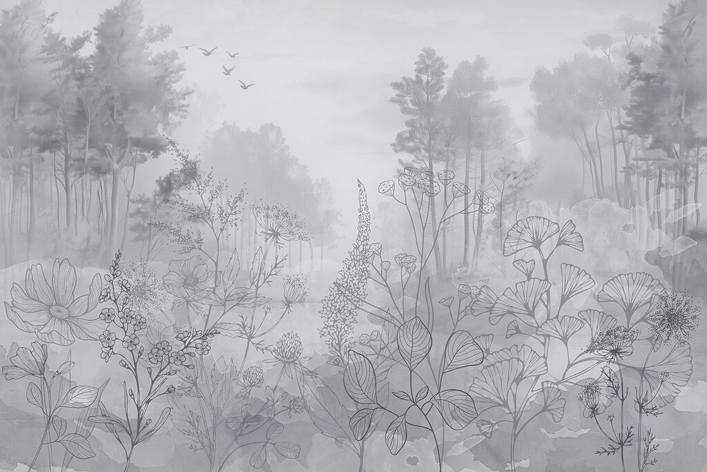 Graustufenbild eines Waldes mit fliegenden Vögeln Graustufenbild eines Waldes mit fliegenden Vögeln