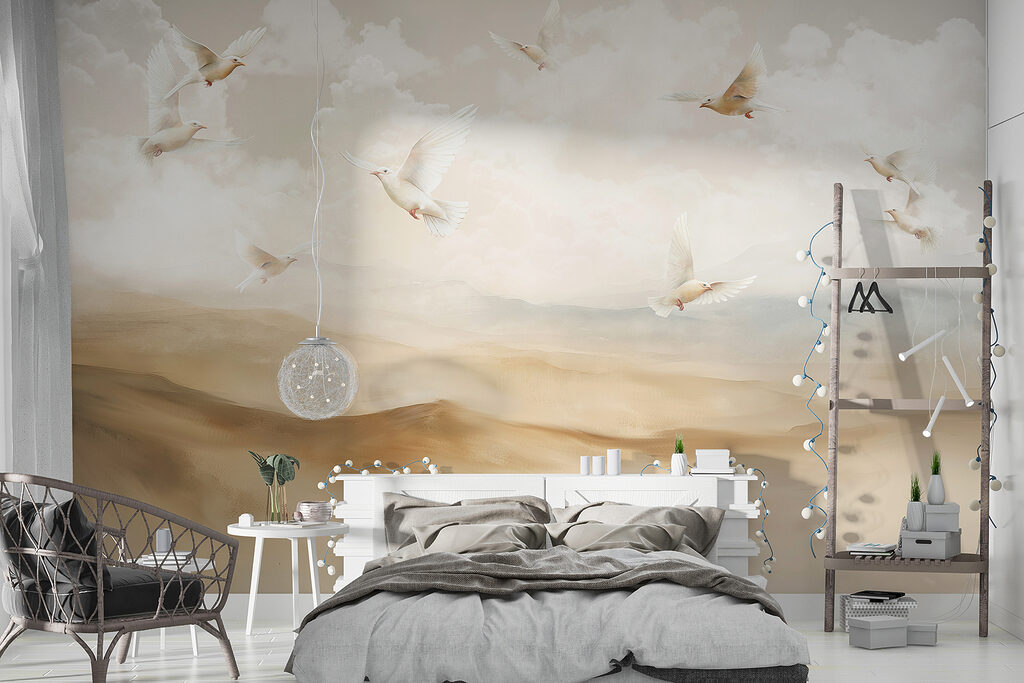 Group of white birds flying in the sky