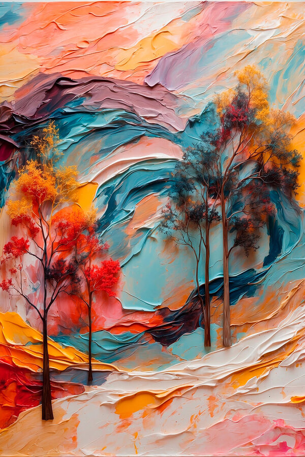 Painting of trees and colorful waves