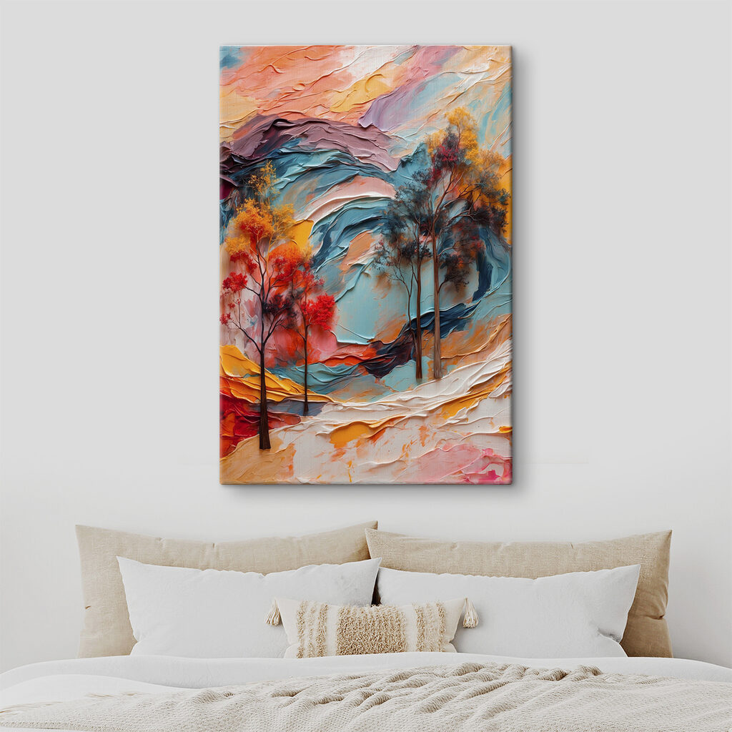 Painting of trees and colorful waves