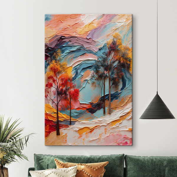 Painting of trees and colorful waves