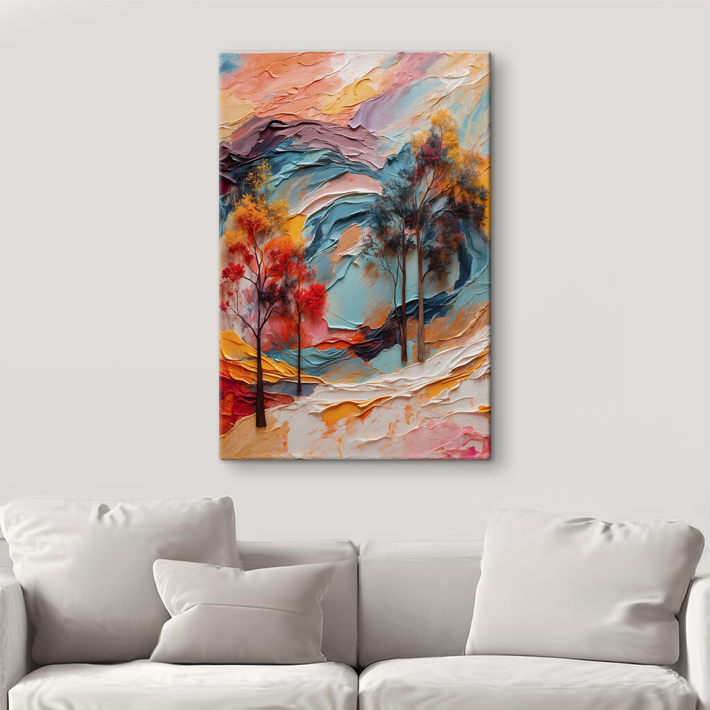 Painting of trees and colorful waves