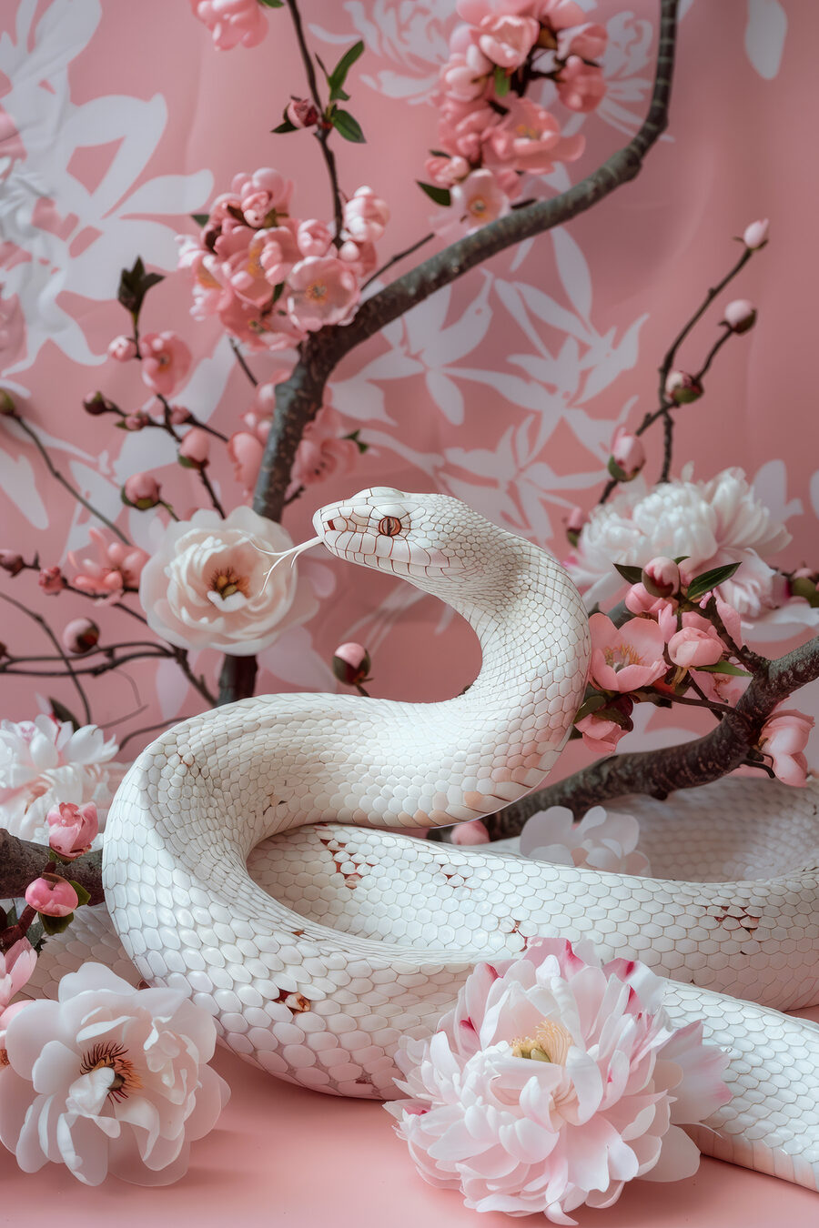 Weiße Schlange mit rosa Blüten