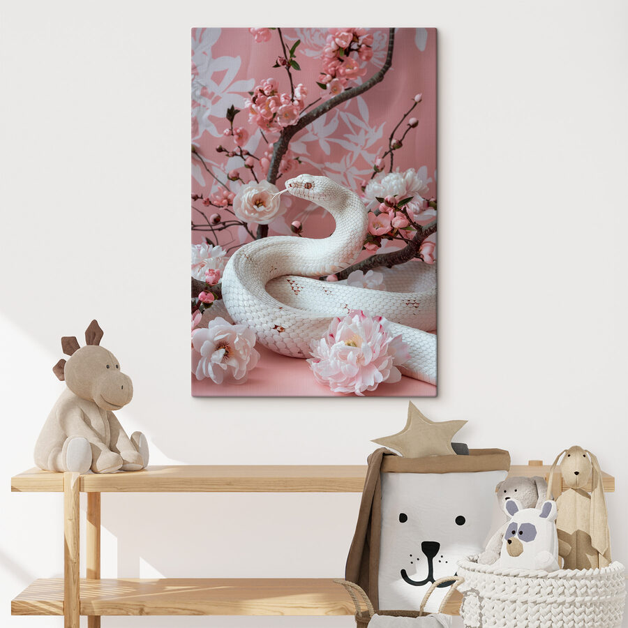 Weiße Schlange mit rosa Blüten