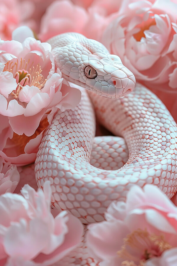 White snake in pink flowers White snake in pink flowers
