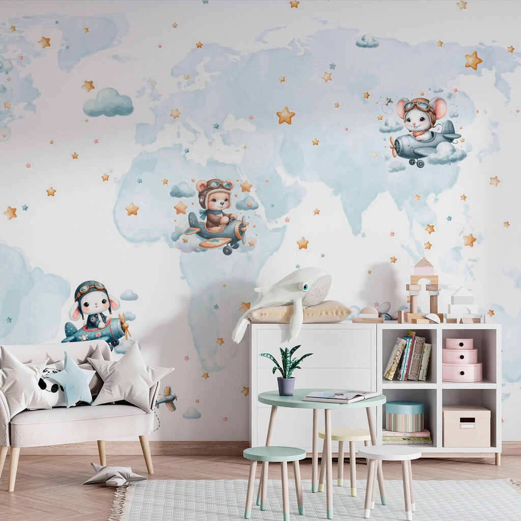 Map of the world with cartoon animals