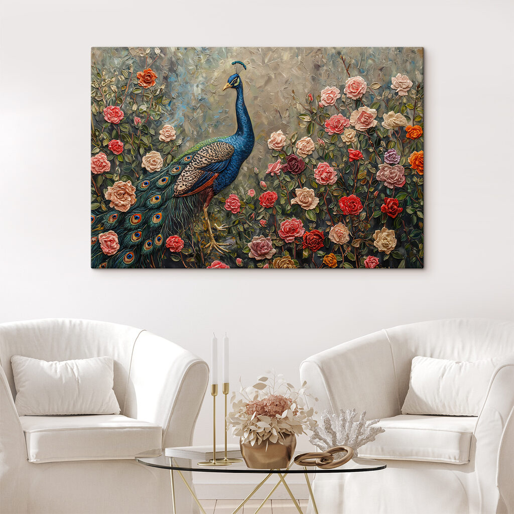 Painting of a peacock surrounded by flowers Painting of a peacock surrounded by flowers