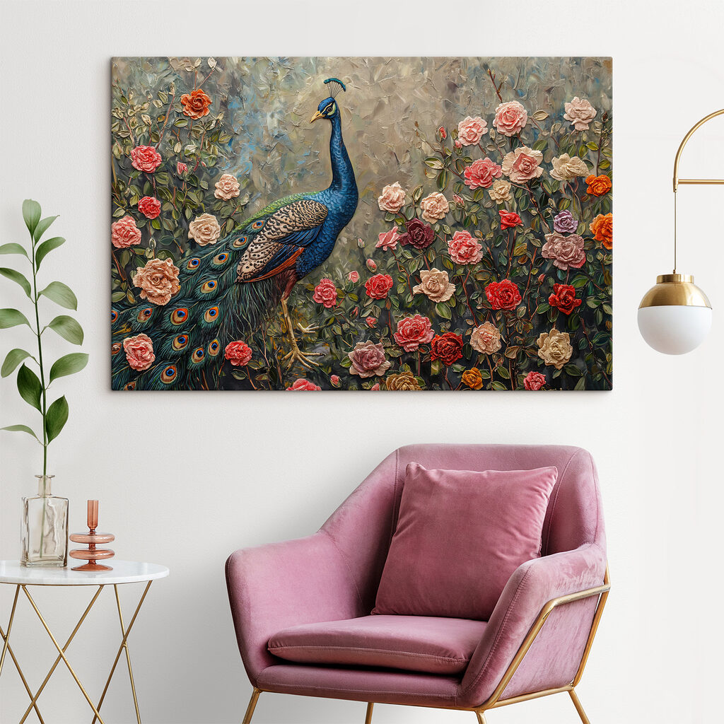 Painting of a peacock surrounded by flowers Painting of a peacock surrounded by flowers
