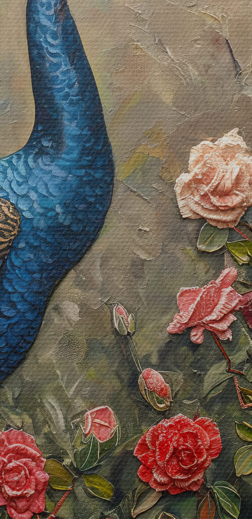 Painting of a peacock surrounded by flowers Painting of a peacock surrounded by flowers