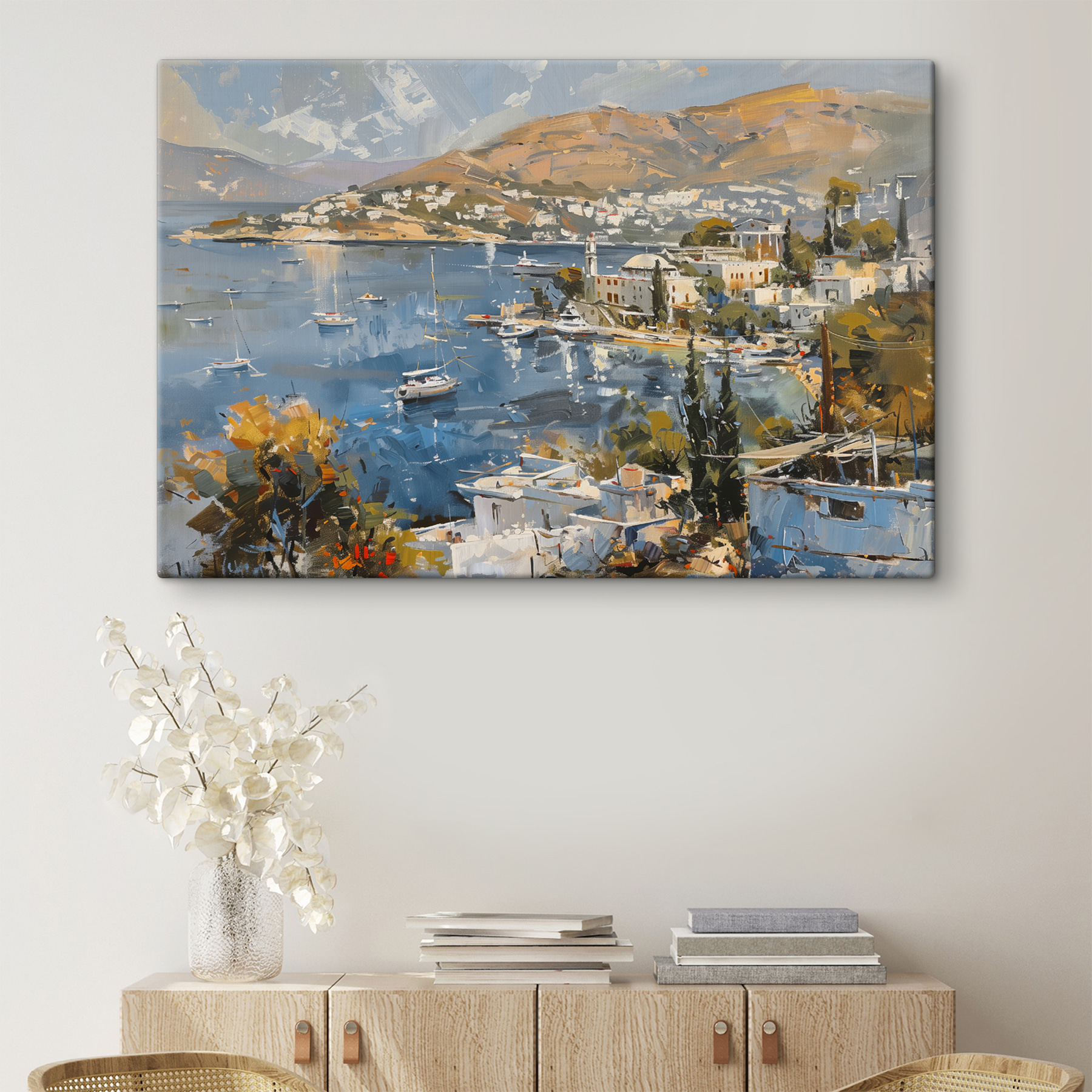 Painting of a city and a body of water