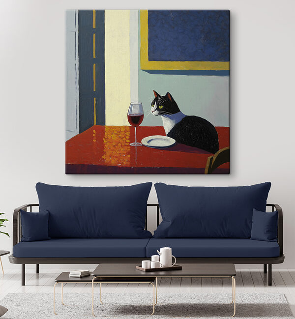 Katze sitzt am Tisch mit einem Teller und einem Teller Katze sitzt am Tisch mit einem Teller und einem Teller
