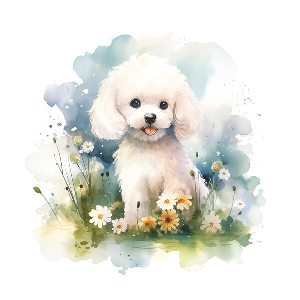 Weißer Hund in einem Blumenfeld sitzend Weißer Hund in einem Blumenfeld sitzend