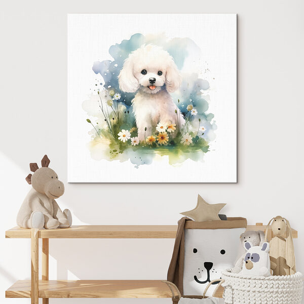 Weißer Hund in einem Blumenfeld sitzend Weißer Hund in einem Blumenfeld sitzend