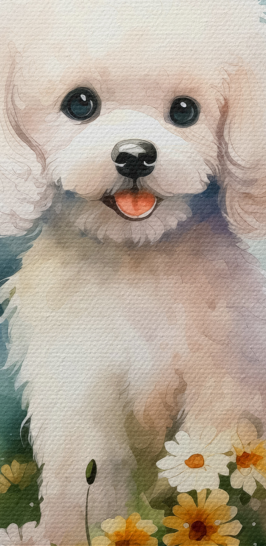 Weißer Hund in einem Blumenfeld sitzend Weißer Hund in einem Blumenfeld sitzend
