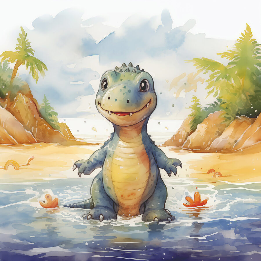 Cartoon eines im Wasser stehenden Dinosauriers