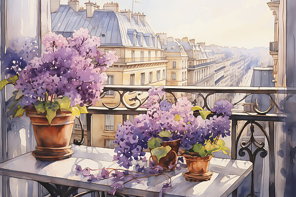 Aquarellmalerei eines Balkons mit lila Blumen s39931p 600x400 - Aquarellmalerei eines Balkons mit lila Blumen