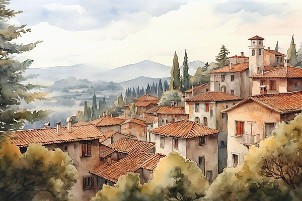 Watercolor painting of a town with many buildings and trees Watercolor painting of a town with many buildings and trees