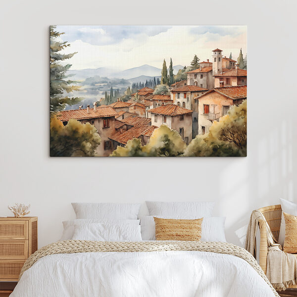 Watercolor painting of a town with many buildings and trees Watercolor painting of a town with many buildings and trees