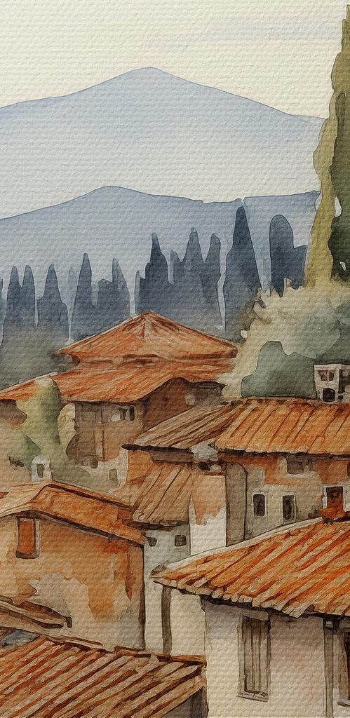 Watercolor painting of a town with many buildings and trees Watercolor painting of a town with many buildings and trees