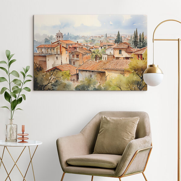 Aquarell einer Stadt mit vielen Gebäuden und Bäumen Aquarell einer Stadt mit vielen Gebäuden und Bäumen