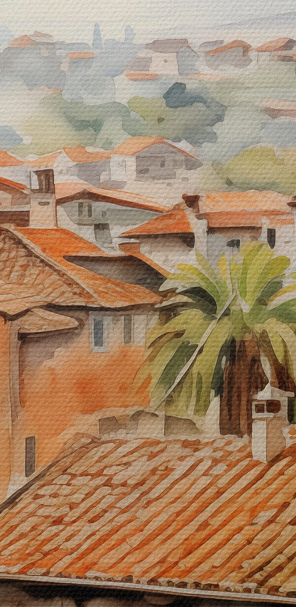 Aquarell einer Stadt mit vielen Gebäuden und Bäumen Aquarell einer Stadt mit vielen Gebäuden und Bäumen