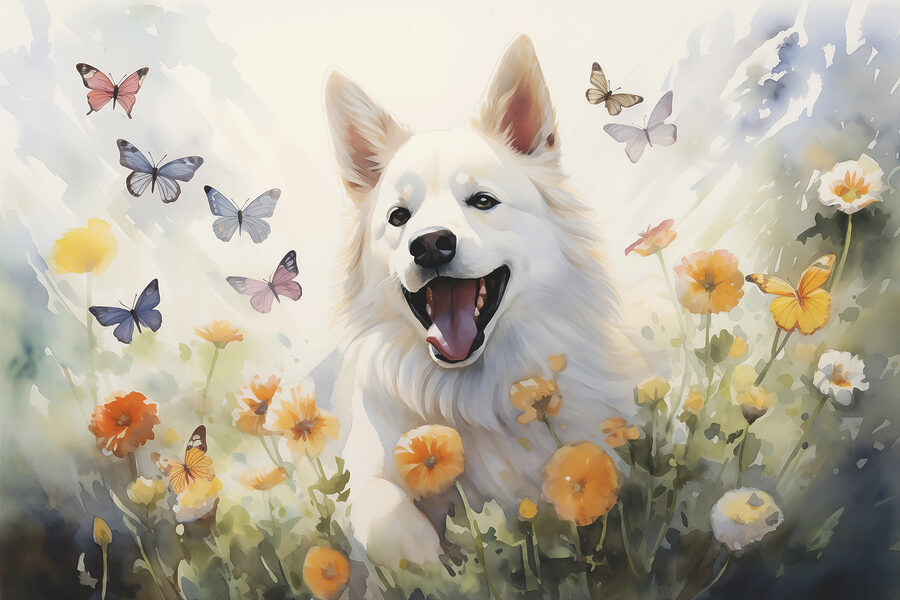 Weißer Hund mit Schmetterlingen in einem Blumenfeld