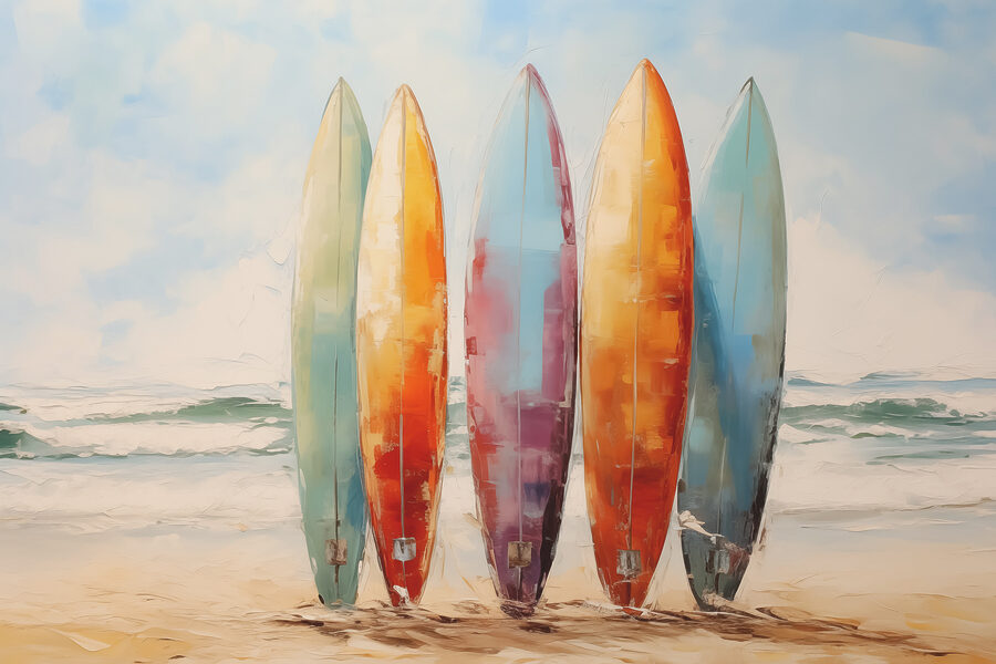 Gruppe von Surfbrettern an einem Strand