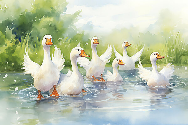 Gruppe weißer Enten schwimmen im Wasser Gruppe weißer Enten schwimmen im Wasser