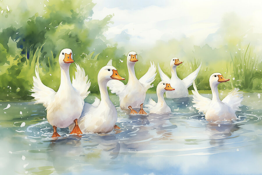 Gruppe weißer Enten schwimmen im Wasser