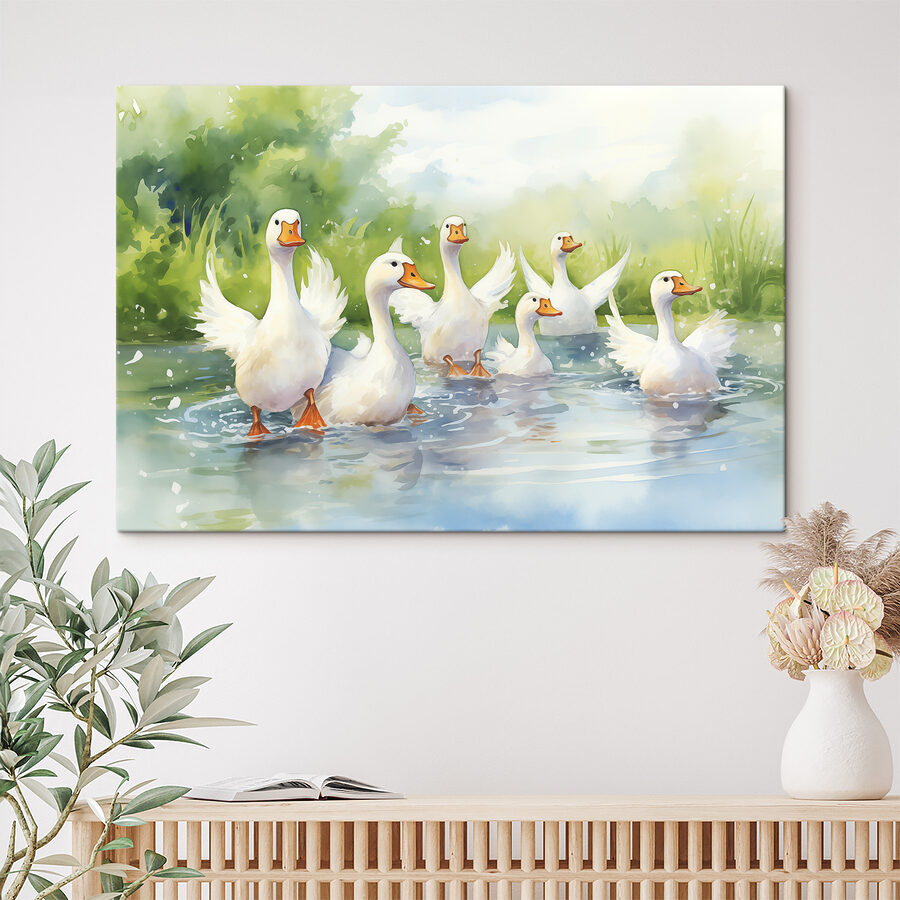 Gruppe weißer Enten schwimmen im Wasser