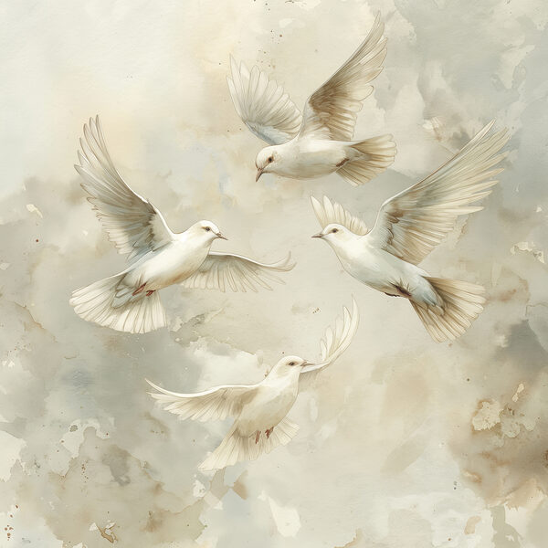 Gruppe von weißen Vögeln, die in den Himmel fliegen Gruppe von weißen Vögeln, die in den Himmel fliegen