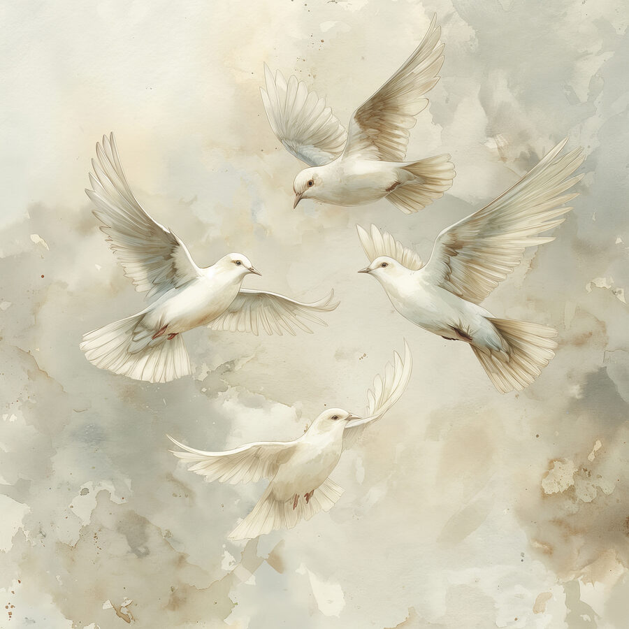 Gruppe von weißen Vögeln, die in den Himmel fliegen