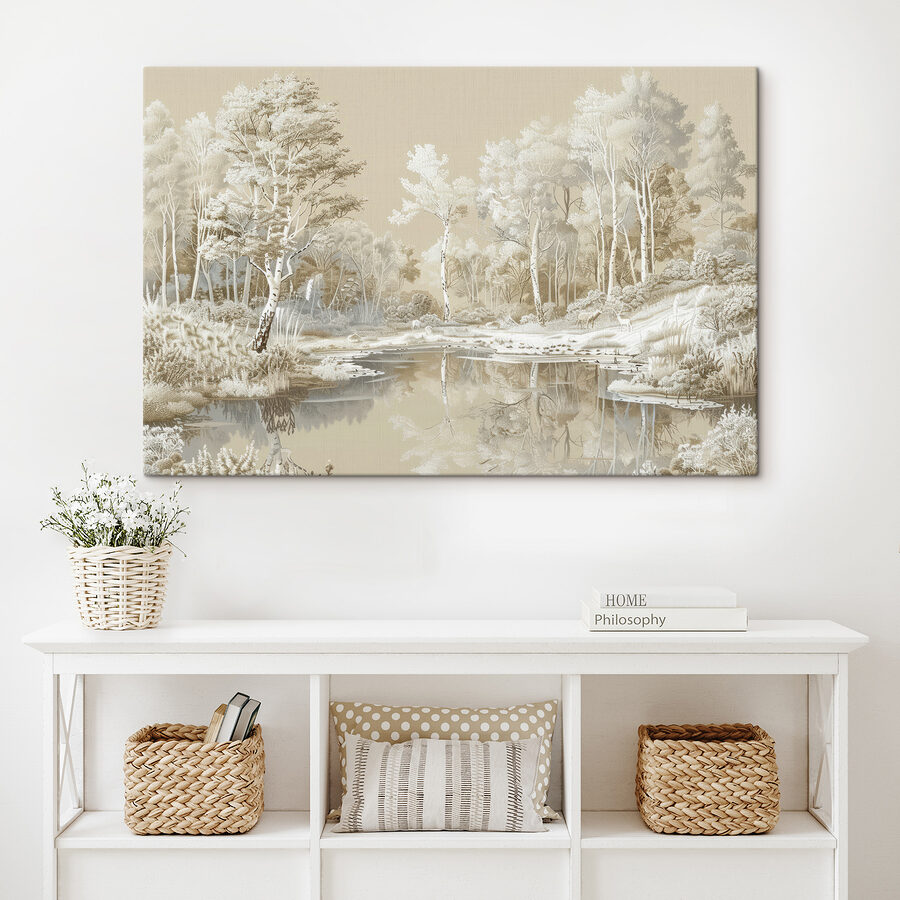 Fluss mit Bäumen und Schnee