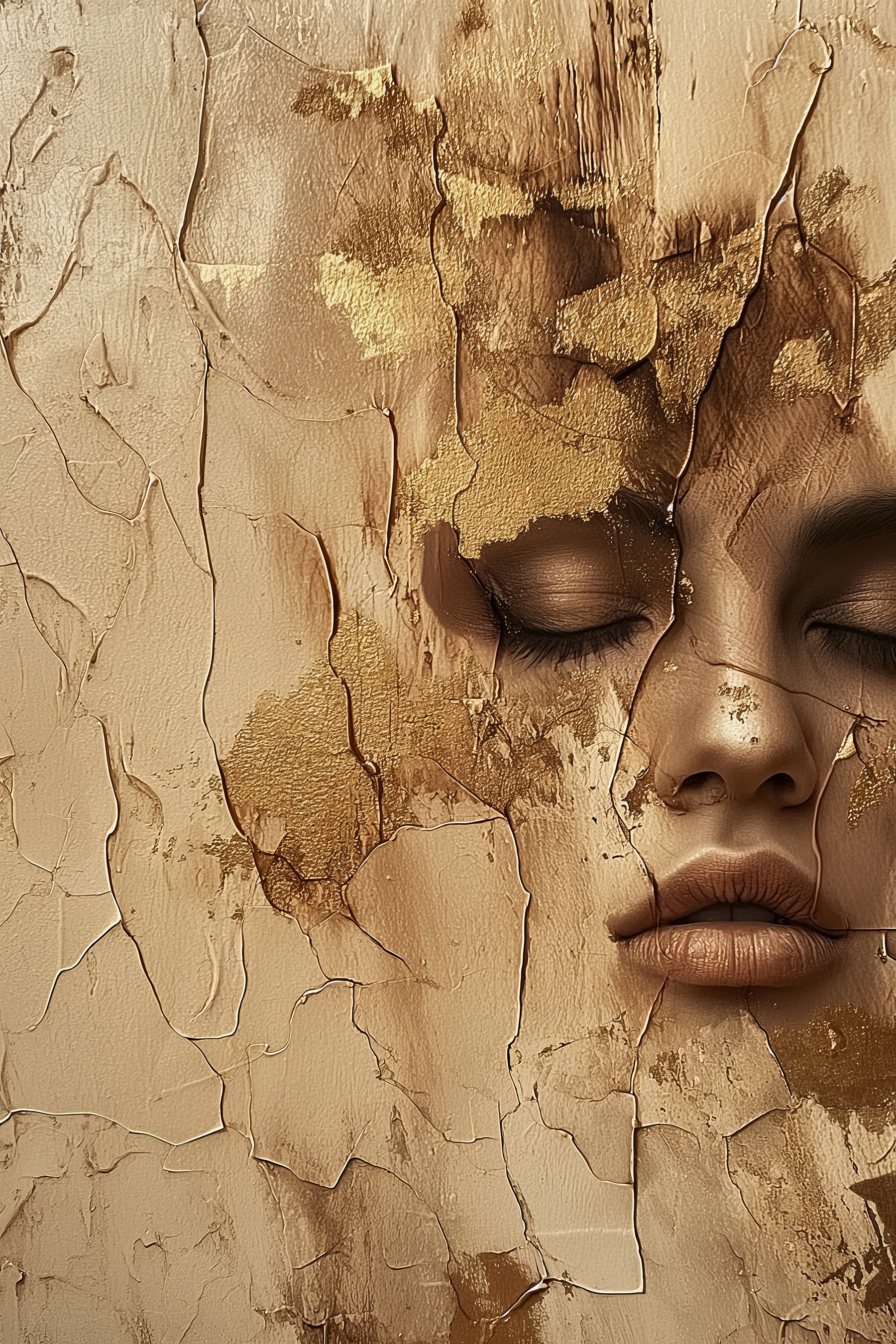 Cracked surface reveals serene face