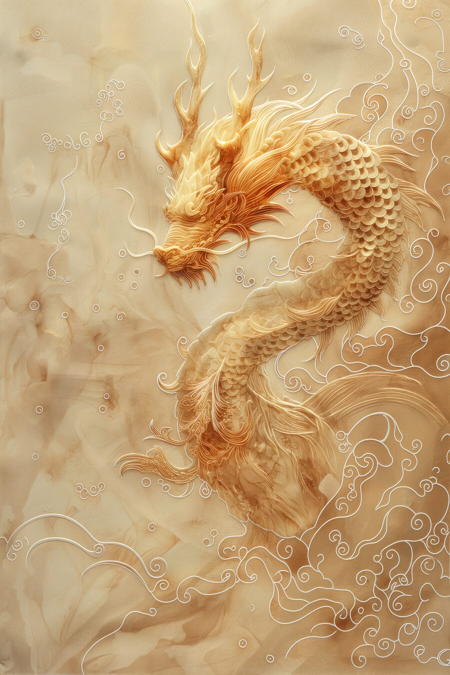 Majestic dragon in swirling clouds