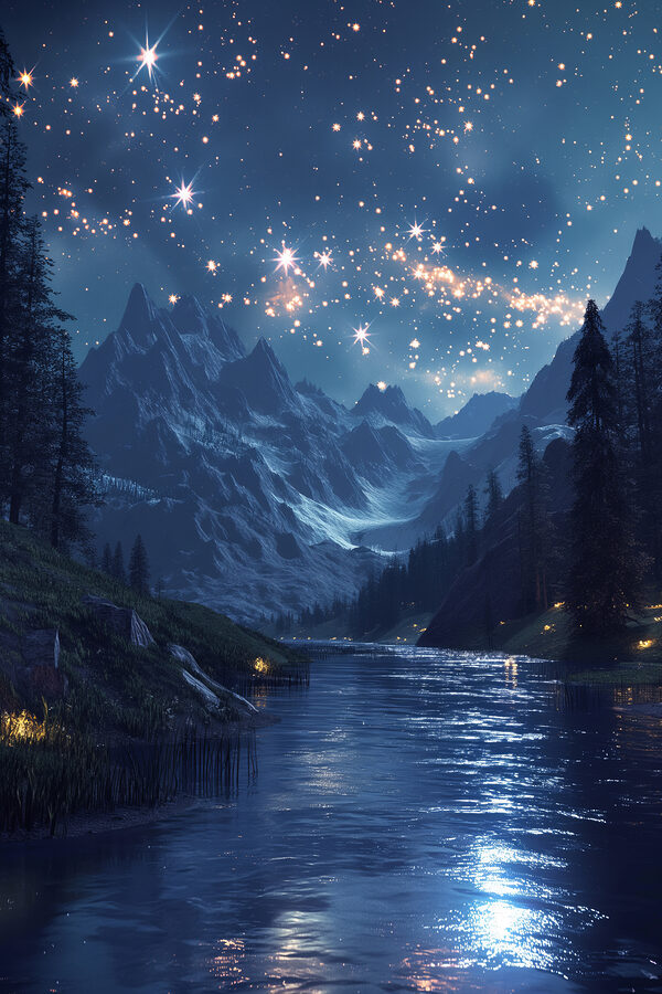Fluss mit einem Berg und Sternen am Himmel Fluss mit einem Berg und Sternen am Himmel