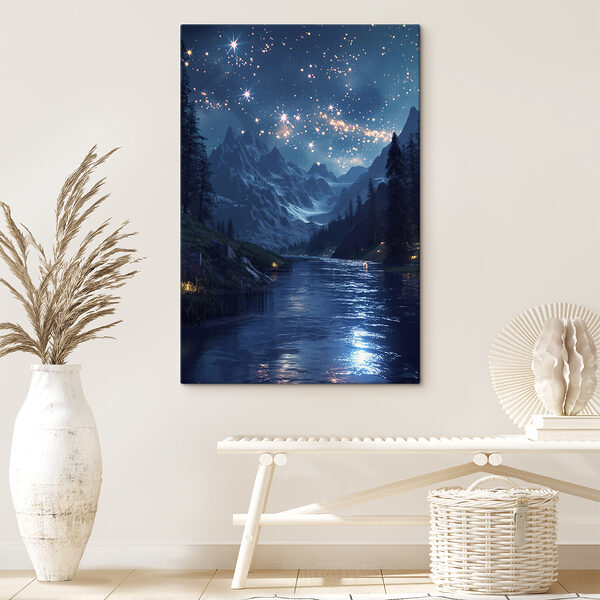 Fluss mit einem Berg und Sternen am Himmel Fluss mit einem Berg und Sternen am Himmel